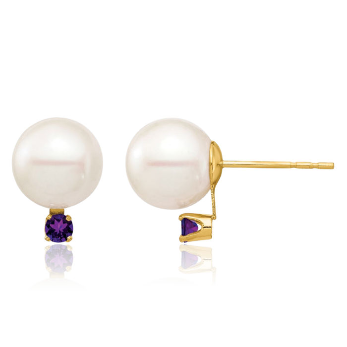 14K Solid Yellow Gold 8mm White Round Freshwater Cultured Pearl .14am Purple Amethyst Stud Earrings February Birthstone Jewelry