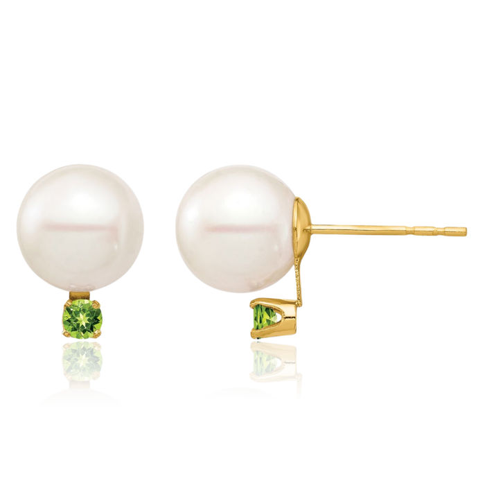 14K Solid Yellow Gold 8mm White Round Freshwater Cultured Pearl .14pe Green Peridot Stud Earrings August Birthstone Jewelry