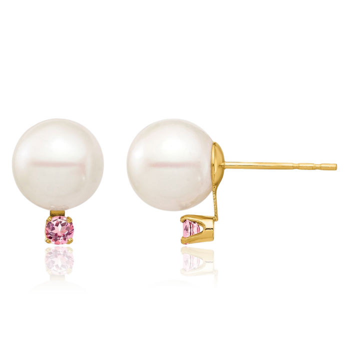 14K Solid Yellow Gold 8mm White Round Freshwater Cultured Pearl .14pt Pink Topaz Stud Earrings October Birthstone Jewelry
