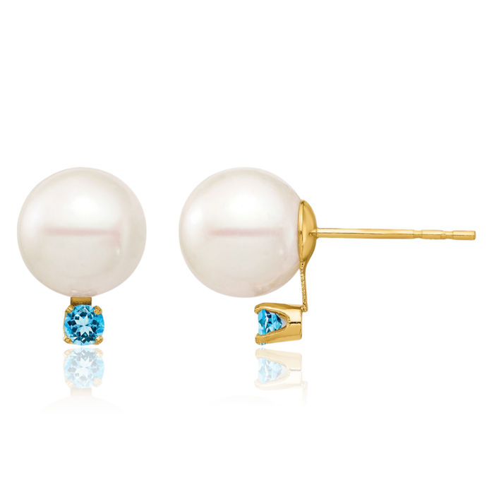 14K Solid Yellow Gold 8mm White Round Freshwater Cultured Pearl .18bt Swiss Blue Topaz Stud Earrings December Birthstone Jewelry