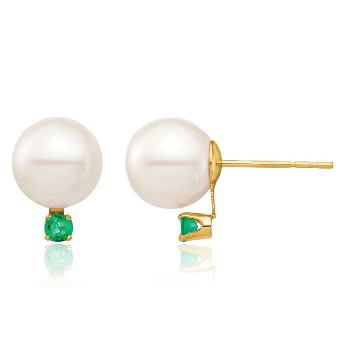 14K Solid Yellow Gold 8mm White Round Freshwater Cultured Pearl .18em Green Emerald Stud Earrings May Birthstone Jewelry