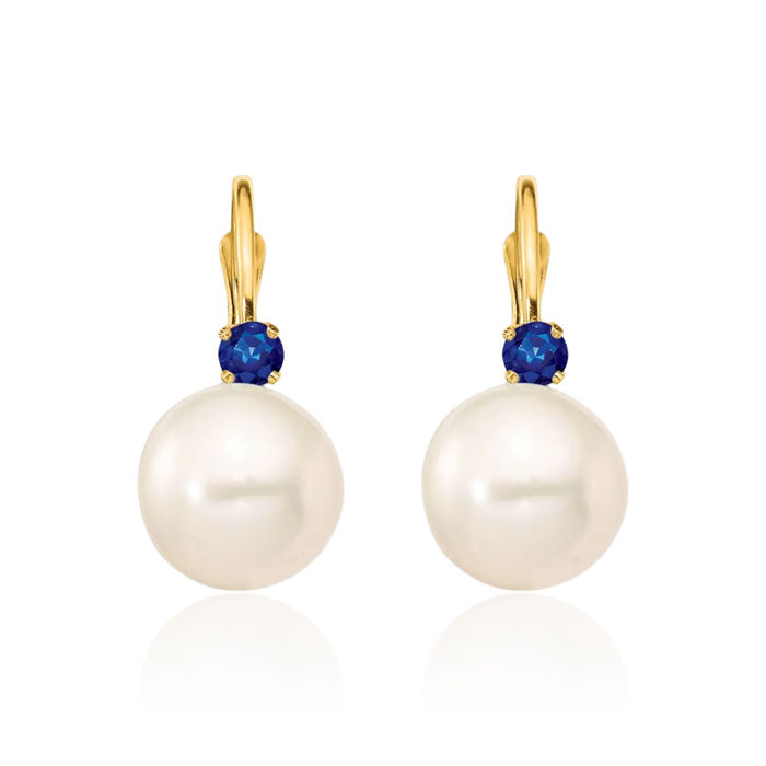 14K Solid Yellow Gold 8mm White Round Freshwater Cultured Pearl .18sa Blue Sapphire Drop Dangle Earrings Gemstone September Birthstone Jewelry