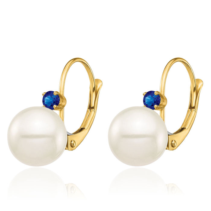 14K Solid Yellow Gold 8mm White Round Freshwater Cultured Pearl .18sa Blue Sapphire Drop Dangle Earrings Gemstone September Birthstone Jewelry