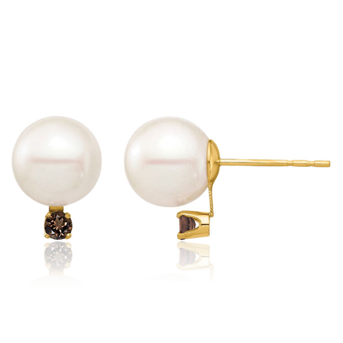 14K Solid Yellow Gold 8mm White Round Freshwater Cultured Pearl .18sq Brown Smoky Quartz Stud Earrings