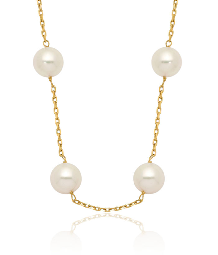 14K Solid Yellow Gold 8mm White Near Round Freshwater Cultured Pearl 14 Station Necklace Chain