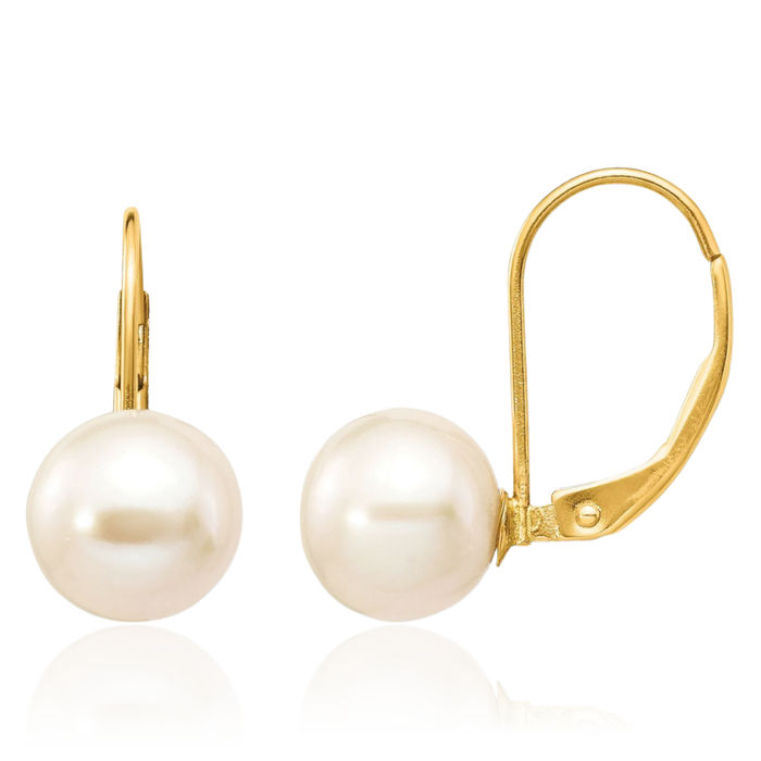 14K Solid Yellow Gold 8mm White Round Freshwater Cultured Pearl Drop Dangle Earrings