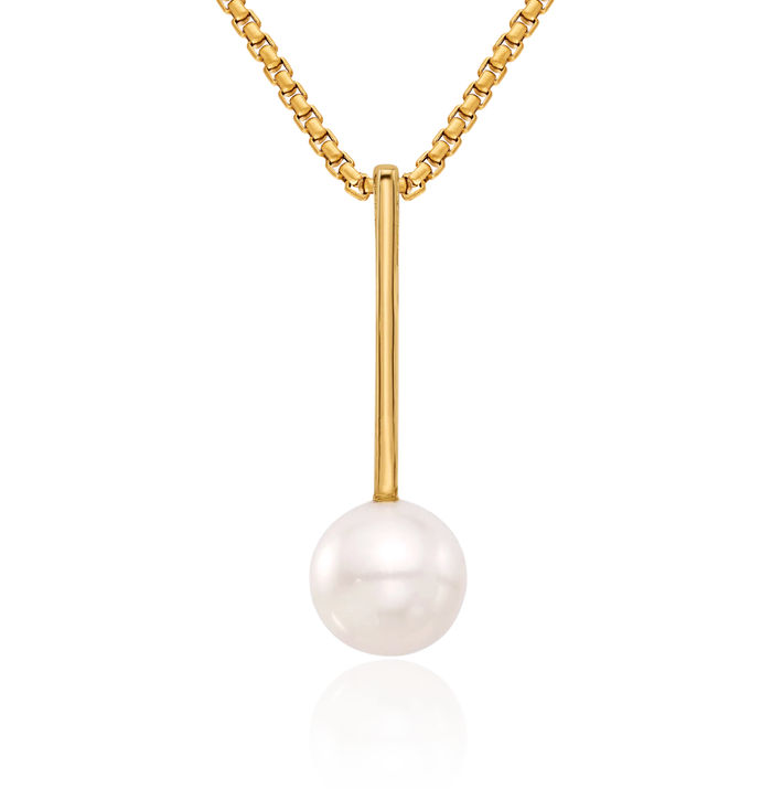 14K Solid Yellow Gold 8mm White Round Freshwater Cultured Pearl Drop Floating Chain Slide Pendant Necklace Charm