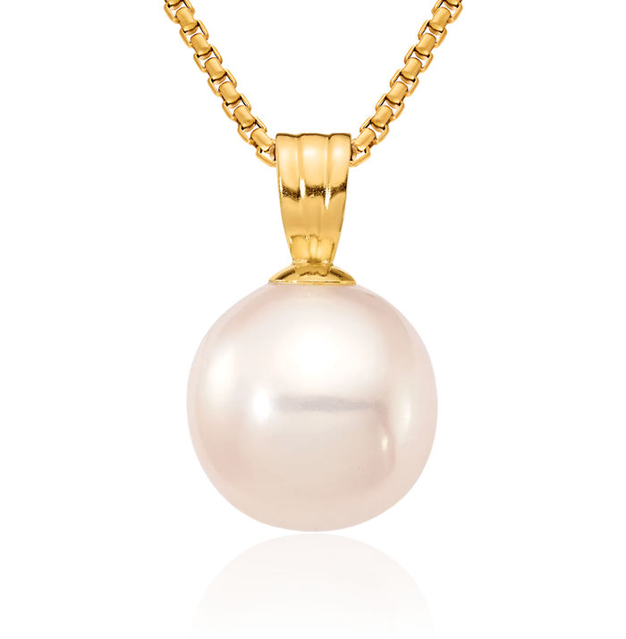 14K Solid Yellow Gold 8mm White Round Freshwater Cultured Pearl Necklace Chain Pendant Charm