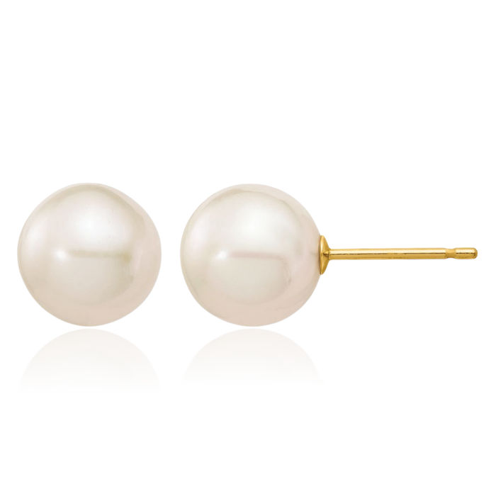 14K Solid Yellow Gold 8mm White Round Freshwater Cultured Pearl Stud Earrings