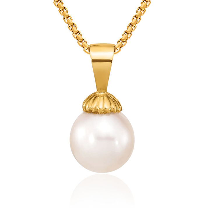 14K Solid Yellow Gold 8mm White Round Freshwater Pearl Necklace Chain Pendant Charm