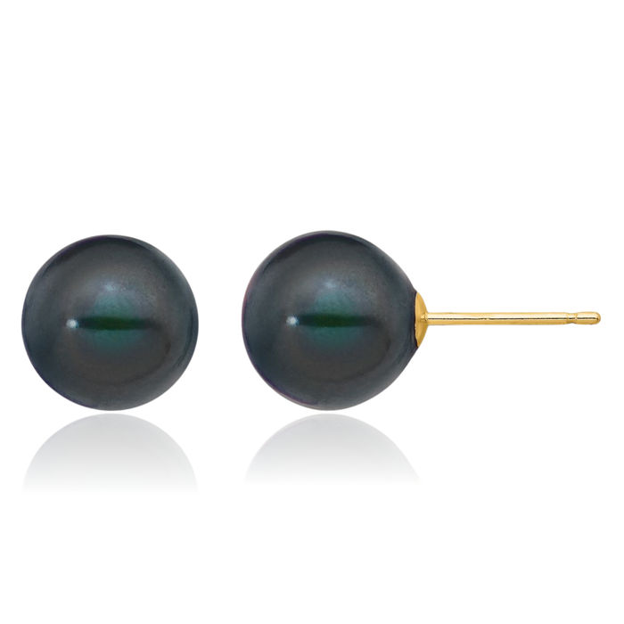 14K Solid Yellow Gold 9mm Black Round Freshwater Cultured Pearl Stud Earrings