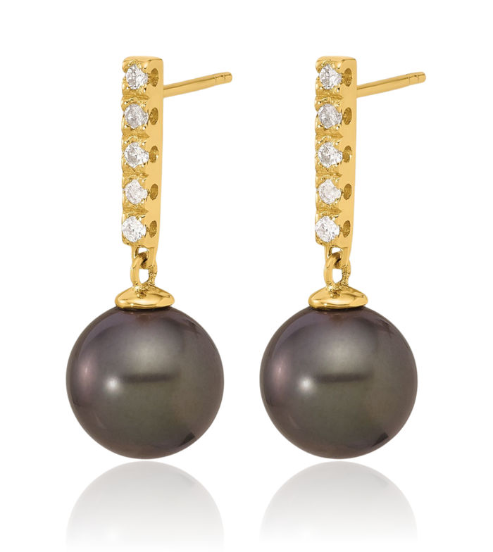 14K Solid Yellow Gold 9mm Black Round Tahitian Saltwater Cultured Pearl Diamond Post Line Bar Drop Dangle Earrings