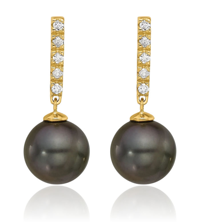 14K Solid Yellow Gold 9mm Black Round Tahitian Saltwater Cultured Pearl Diamond Post Line Bar Drop Dangle Earrings