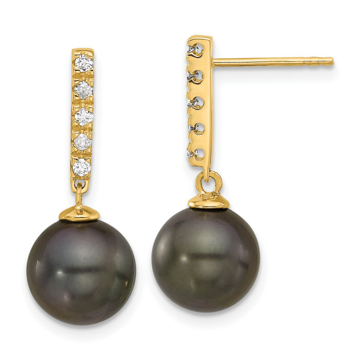 14K Solid Yellow Gold 9mm Black Round Tahitian Saltwater Cultured Pearl Diamond Post Line Bar Drop Dangle Earrings