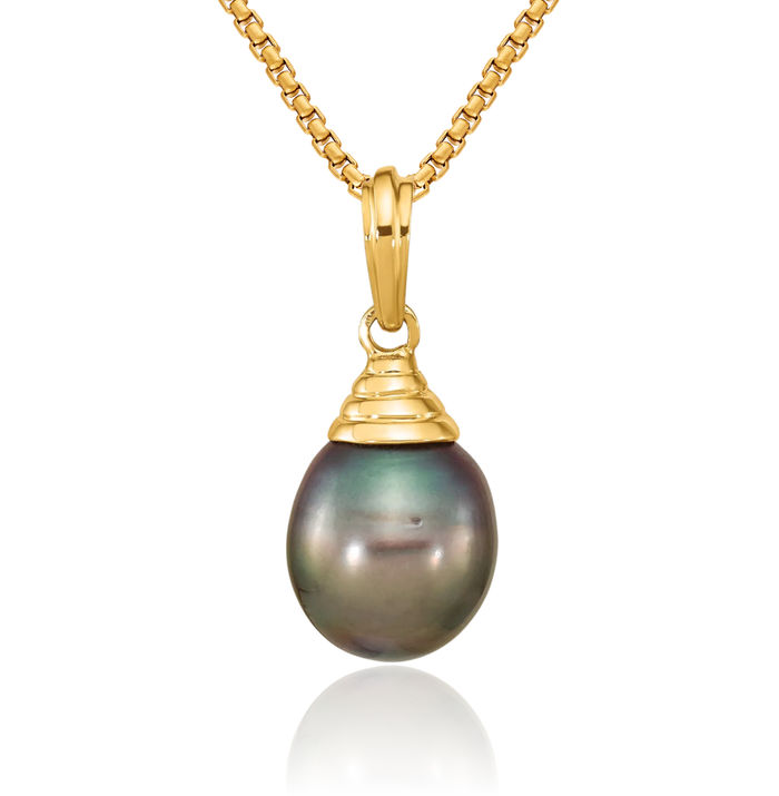 14K Solid Yellow Gold 9mm Black Teardrop Tahitian Saltwater Cultured Pearl Necklace Chain Pendant Charm