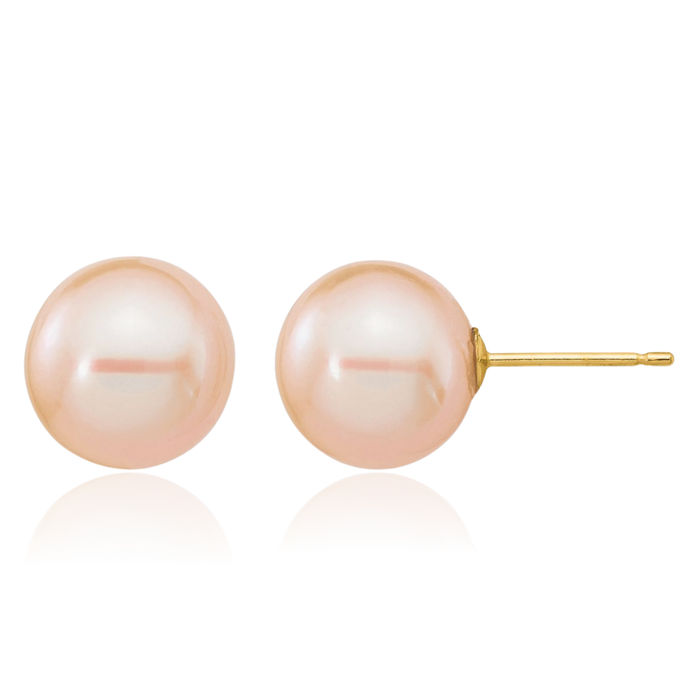 14K Solid Yellow Gold 9mm Pink Round Freshwater Cultured Pearl Stud Earrings