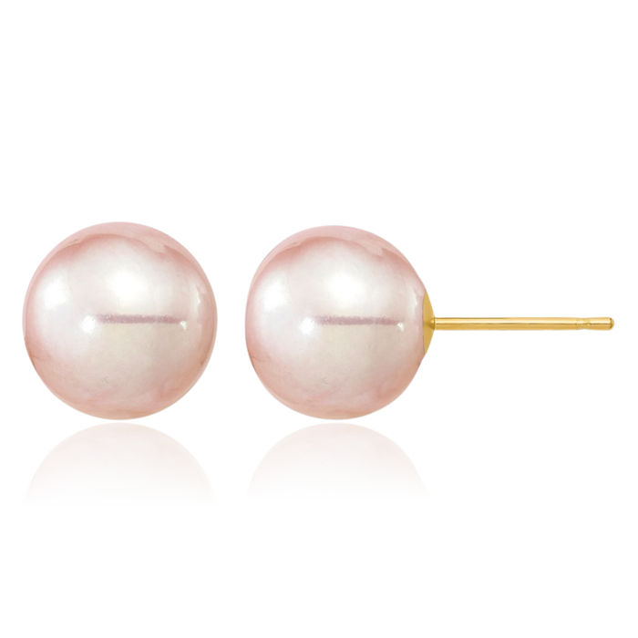 14K Solid Yellow Gold 9mm Purple Round Freshwater Cultured Pearl Stud Earrings