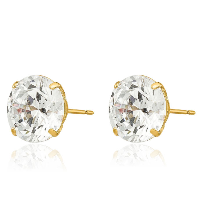 14K Solid Yellow Gold 9mm Round Cubic Zirconia CZ Stud Earrings