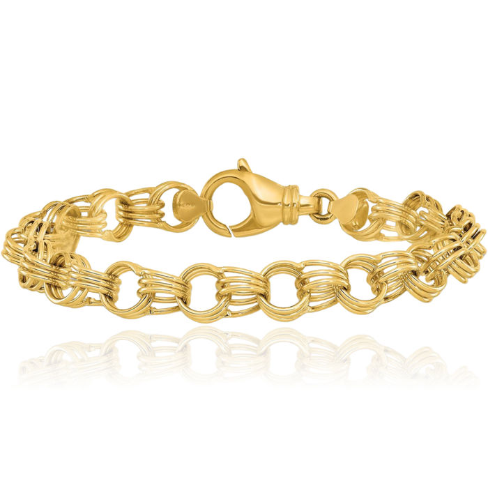 14K Solid Yellow Gold 9mm Triple Link Charm Bracelet