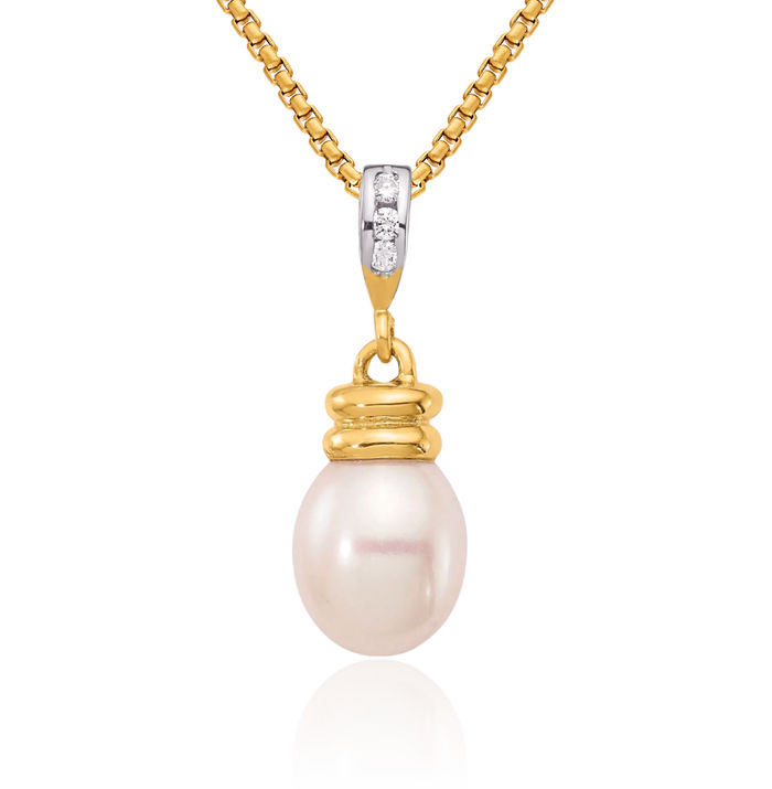 14K Solid Yellow Gold 9mm White Rice Freshwater Cultured Pearl Diamond Necklace Chain Pendant Charm