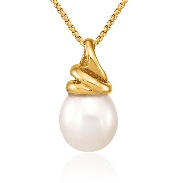 14K Solid Yellow Gold 9mm White Rice Freshwater Cultured Pearl Necklace Chain Pendant Charm