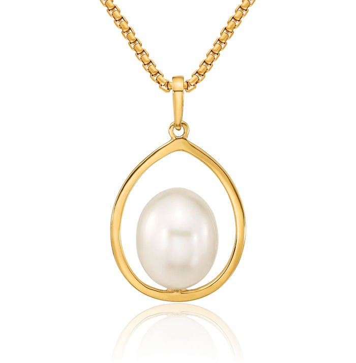 14K Solid Yellow Gold 9mm White Rice Freshwater Cultured Pearl Teardrop Necklace Chain Pendant Charm