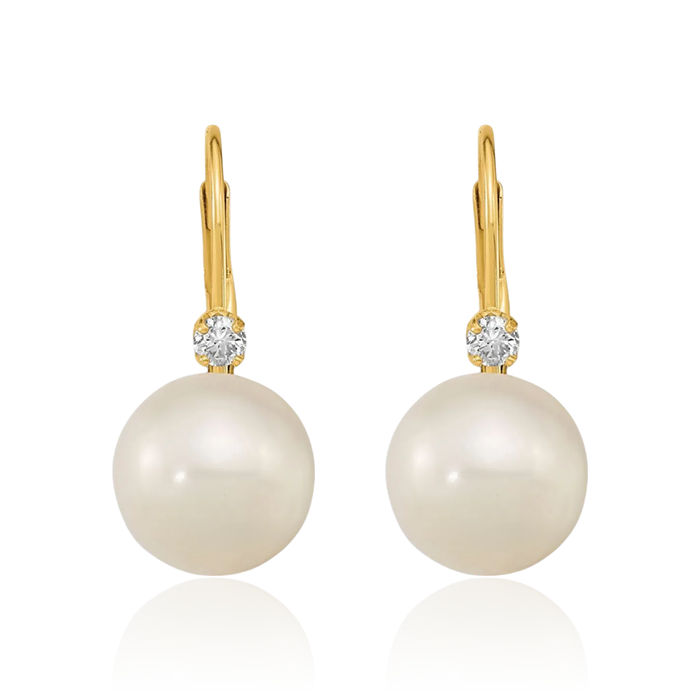 14K Solid Yellow Gold 9mm White Round Freshwater Cultured Pearl .10 Diamond Drop Dangle Earrings Gemstone