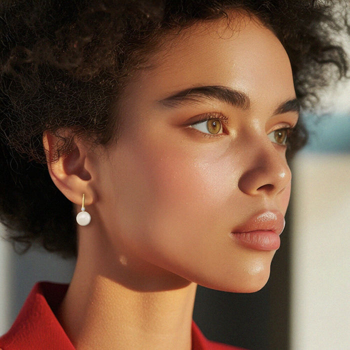 14K Solid Yellow Gold 9mm White Round Freshwater Cultured Pearl .10 Diamond Drop Dangle Earrings Gemstone