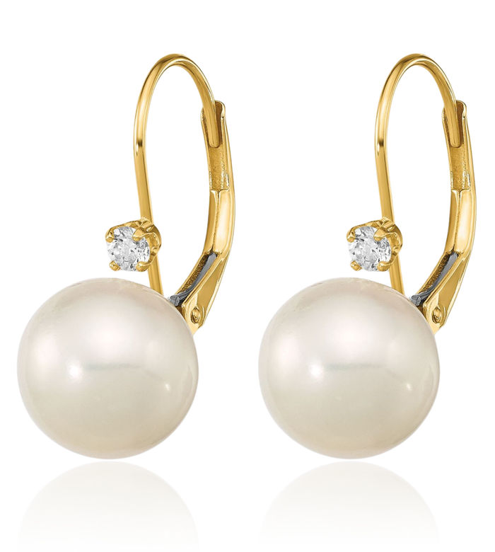 14K Solid Yellow Gold 9mm White Round Freshwater Cultured Pearl .10 Diamond Drop Dangle Earrings Gemstone