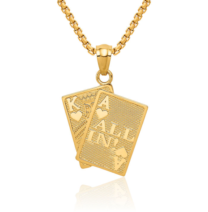 14K Solid Yellow Gold Ace of Heart King All In Poker Necklace Playing Cards Suit Pendant Gambling Deck Charm Good Luck Jewelry