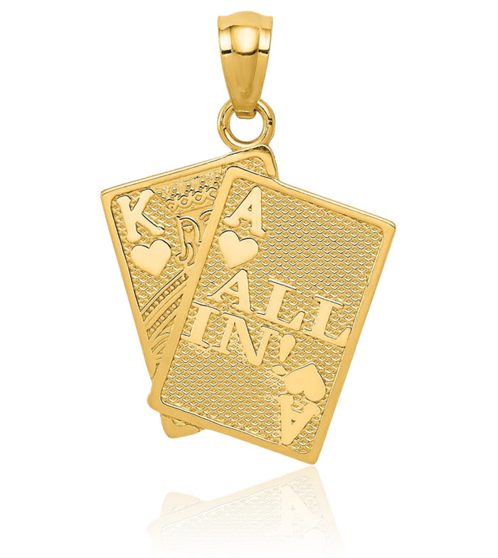 14K Solid Yellow Gold Ace of Heart King All In Poker Necklace Playing Cards Suit Pendant Gambling Deck Charm Good Luck Jewelry