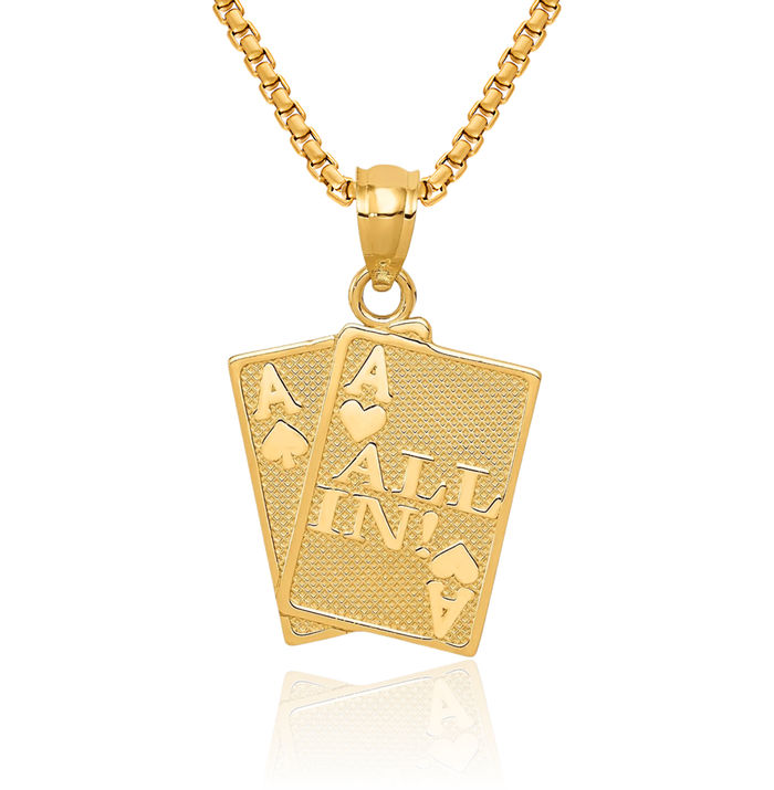 14K Solid Yellow Gold Ace of Heart Spades All In Poker Necklace Playing Cards Suit Pendant Gambling Deck Charm Good Luck Jewelry