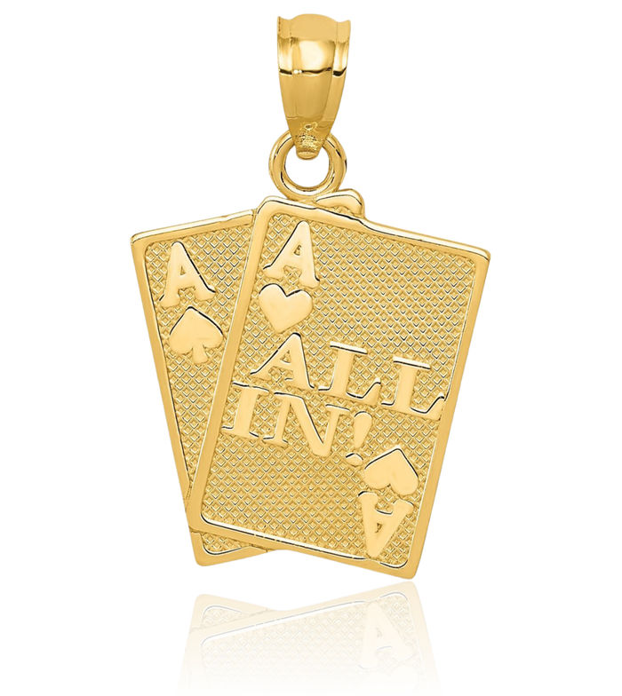 14K Solid Yellow Gold Ace of Heart Spades All In Poker Necklace Playing Cards Suit Pendant Gambling Deck Charm Good Luck Jewelry