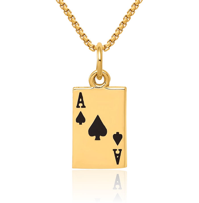 14K Solid Yellow Gold Ace of Spades Poker Necklace Playing Cards Suit Pendant Gambling Deck Charm Good Luck Jewelry
