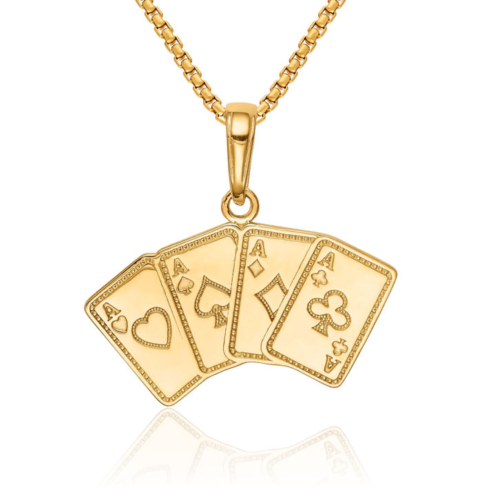 14K Solid Yellow Gold Aces Poker Necklace Playing Cards Suit Pendant Gambling Deck Charm Good Luck Jewelry