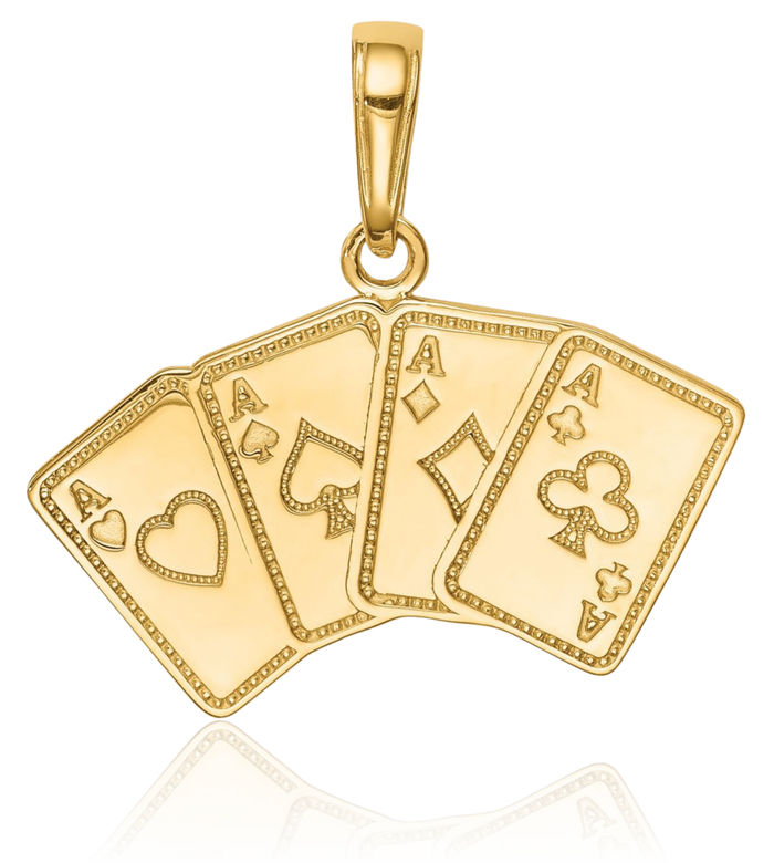 14K Solid Yellow Gold Aces Poker Necklace Playing Cards Suit Pendant Gambling Deck Charm Good Luck Jewelry