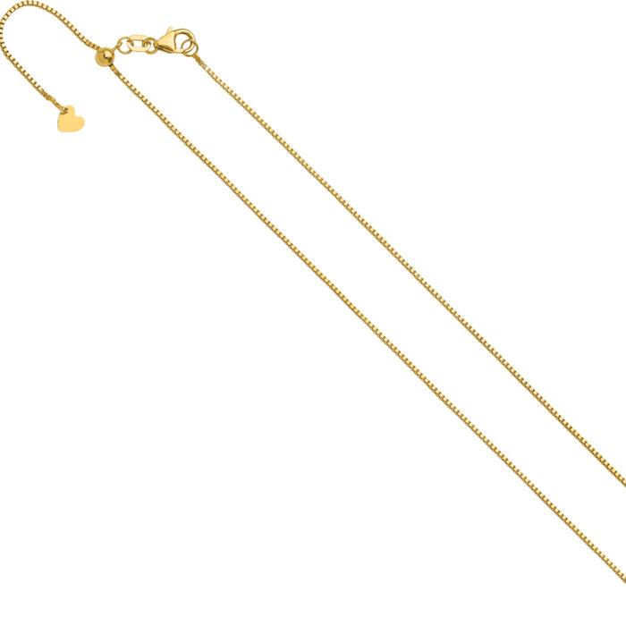 14K Solid Yellow Gold Adjustable 0.9mm Box Link Chain Necklace