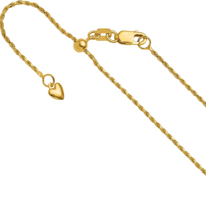 14K Solid Yellow Gold Adjustable 1.2mm Rope Chain Twisted Link Necklace