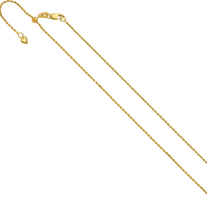 14K Solid Yellow Gold Adjustable 1.2mm Rope Chain Twisted Link Necklace