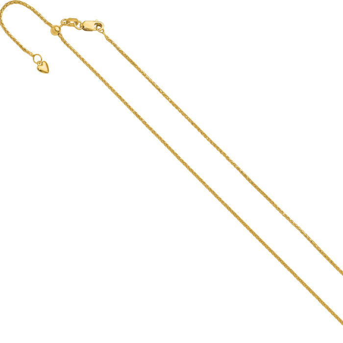 14K Solid Yellow Gold Adjustable 1.2mm Spiga Wheat Link Chain Necklace