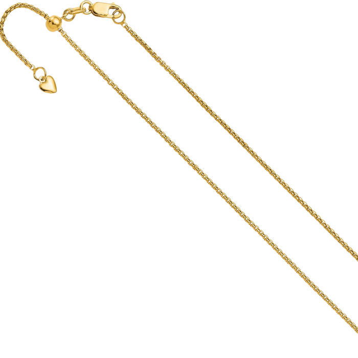 14K Solid Yellow Gold Adjustable 1.35mm Round Box Link Chain Necklace