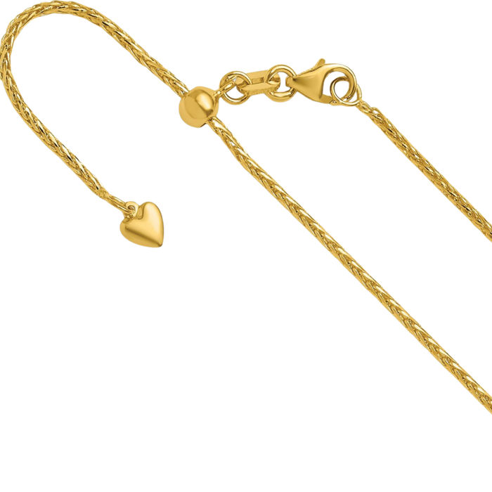 14K Solid Yellow Gold Adjustable 1.3mm Spiga Wheat Link Chain Necklace