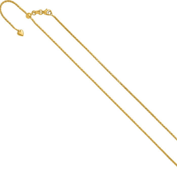 14K Solid Yellow Gold Adjustable 1.3mm Spiga Wheat Link Chain Necklace