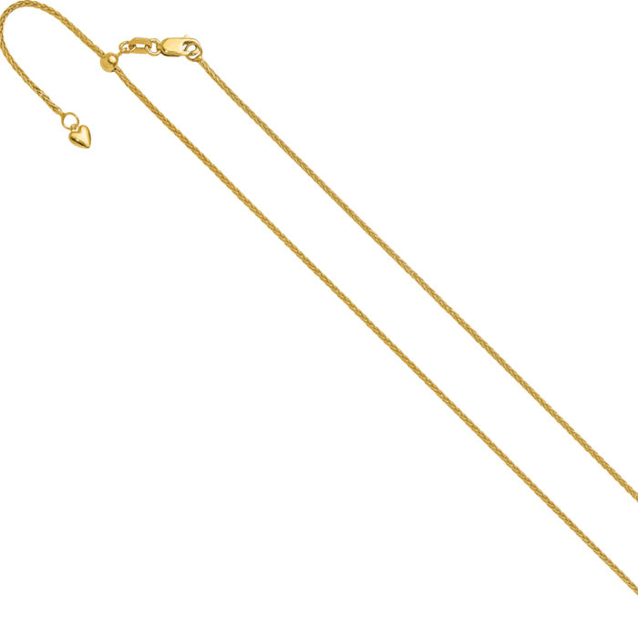 14K Solid Yellow Gold Adjustable 1.4mm Spiga Wheat Link Chain Necklace