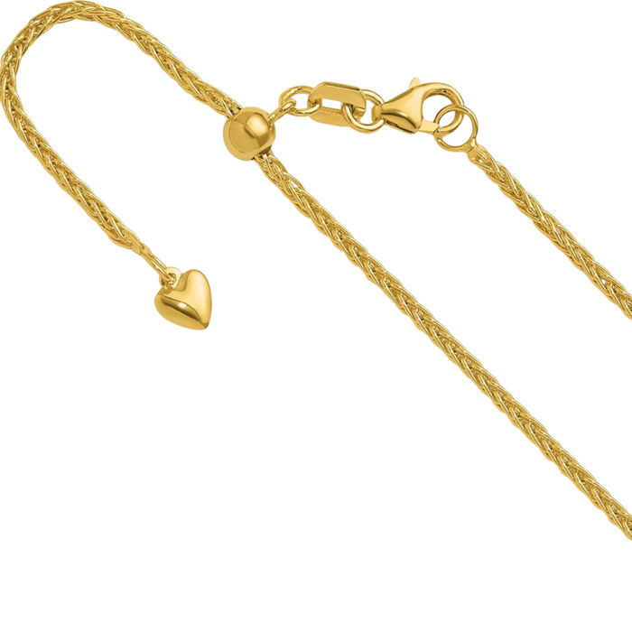 14K Solid Yellow Gold Adjustable 1.5mm Spiga Wheat Link Chain Necklace