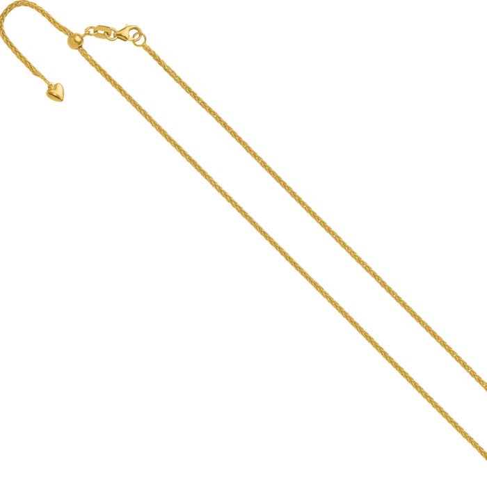 14K Solid Yellow Gold Adjustable 1.5mm Spiga Wheat Link Chain Necklace