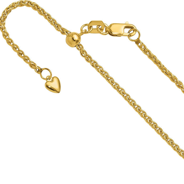 14K Solid Yellow Gold Adjustable 1.6mm Spiga Wheat Link Chain Necklace