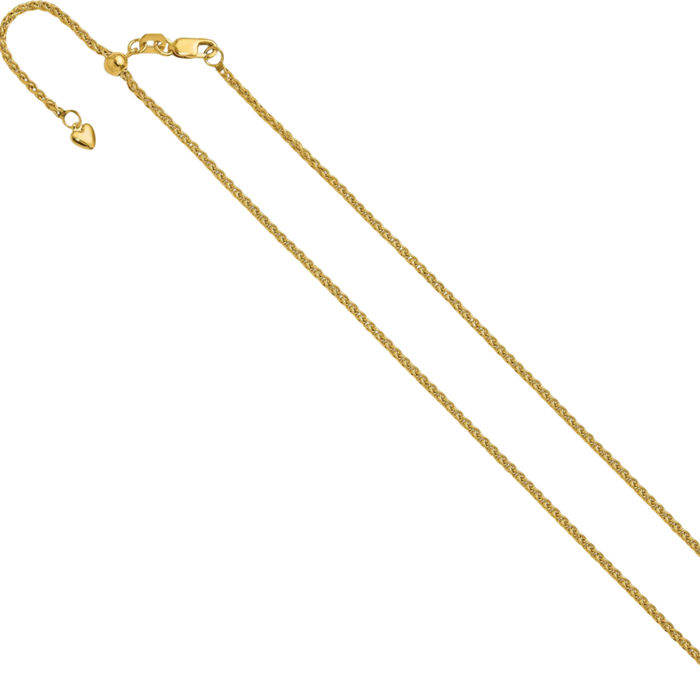 14K Solid Yellow Gold Adjustable 1.6mm Spiga Wheat Link Chain Necklace