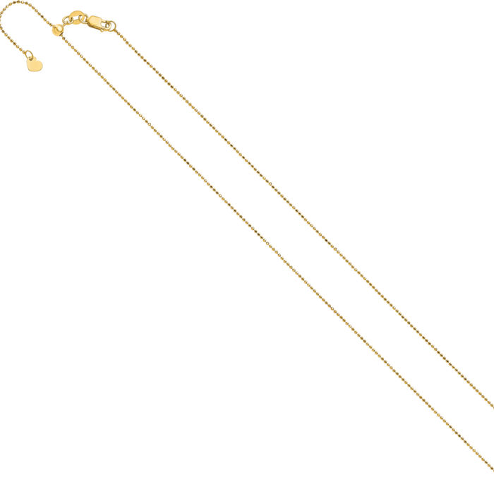 14K Solid Yellow Gold Adjustable 1mm Beaded Ball Chain Necklace