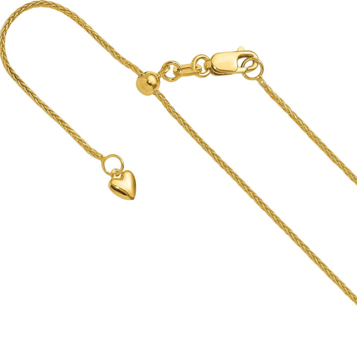 14K Solid Yellow Gold Adjustable 1mm Spiga Wheat Link Chain Necklace